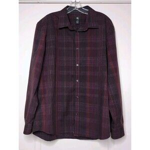 Calvin Klein Shirt Men's Size L Burgundy Plaid Long Sleeve Button Up